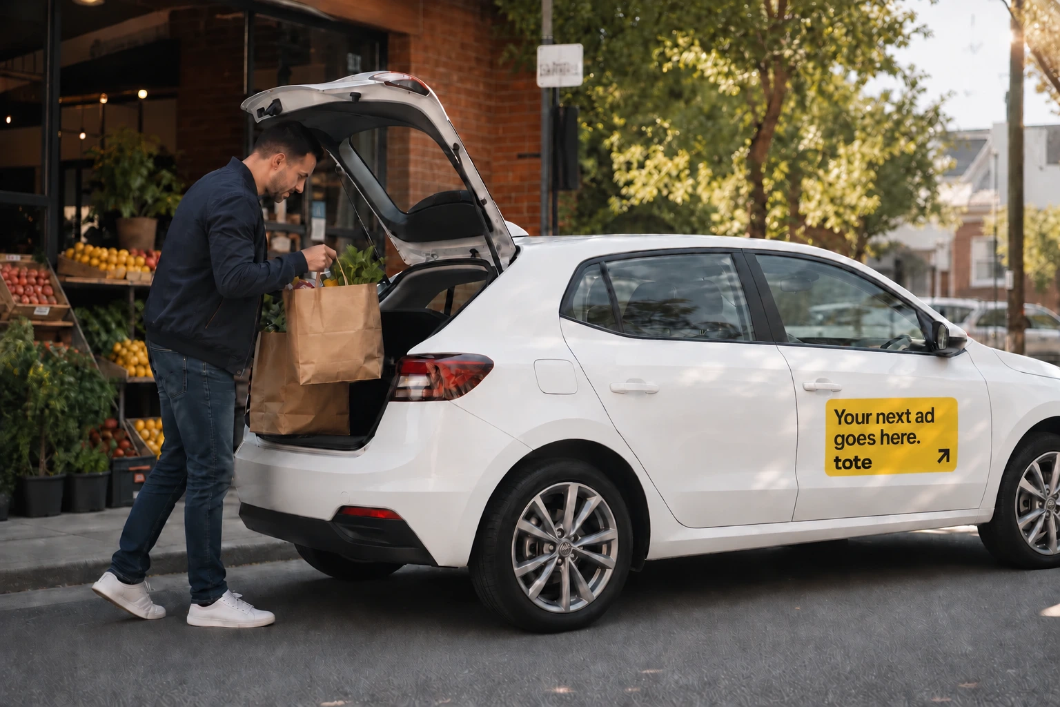 A driver loading groceries into a white car with a standard Tote panel