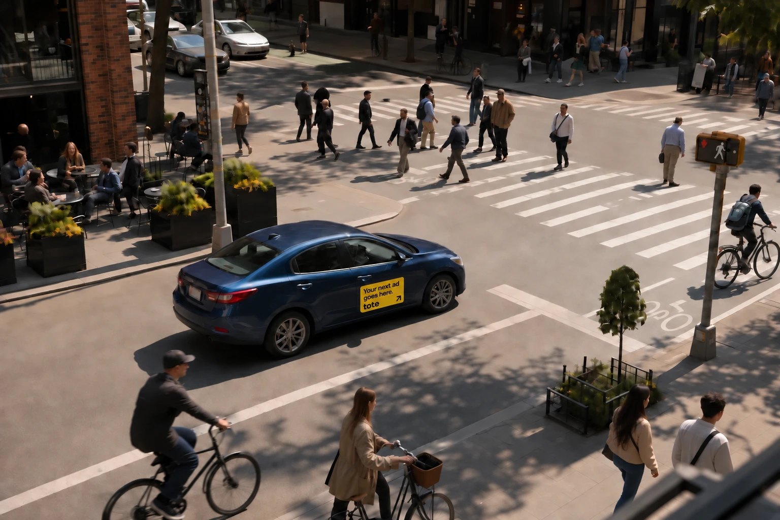 A Tote campaign car at a busy downtown intersection during lunch
